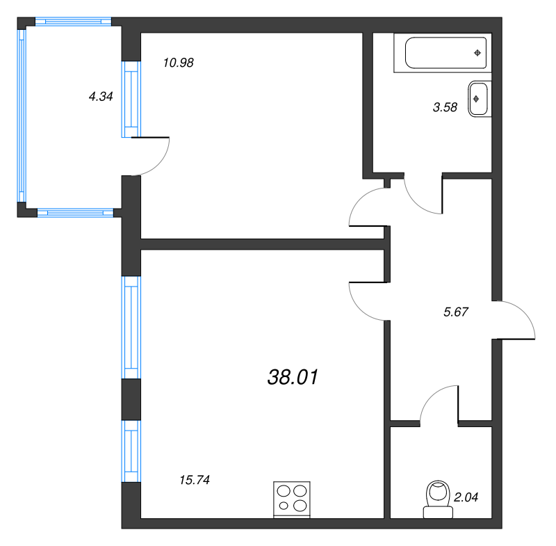 2-комнатная (Евро) квартира, 38.01 м² - планировка, фото №1
