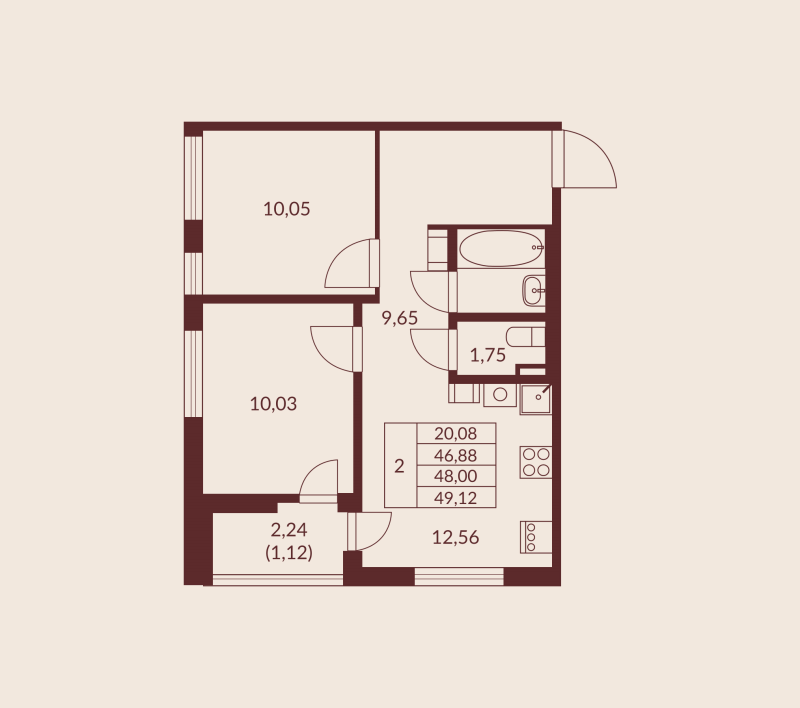 2-комнатная квартира, 48 м² в ЖК "Амурино" - планировка, фото №1