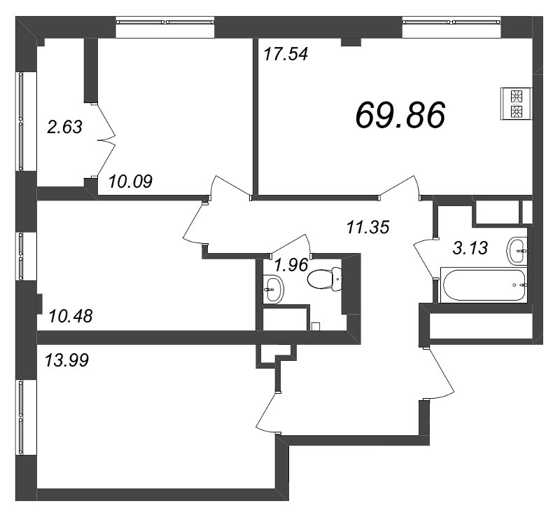 4-комнатная (Евро) квартира, 69.86 м² - планировка, фото №1