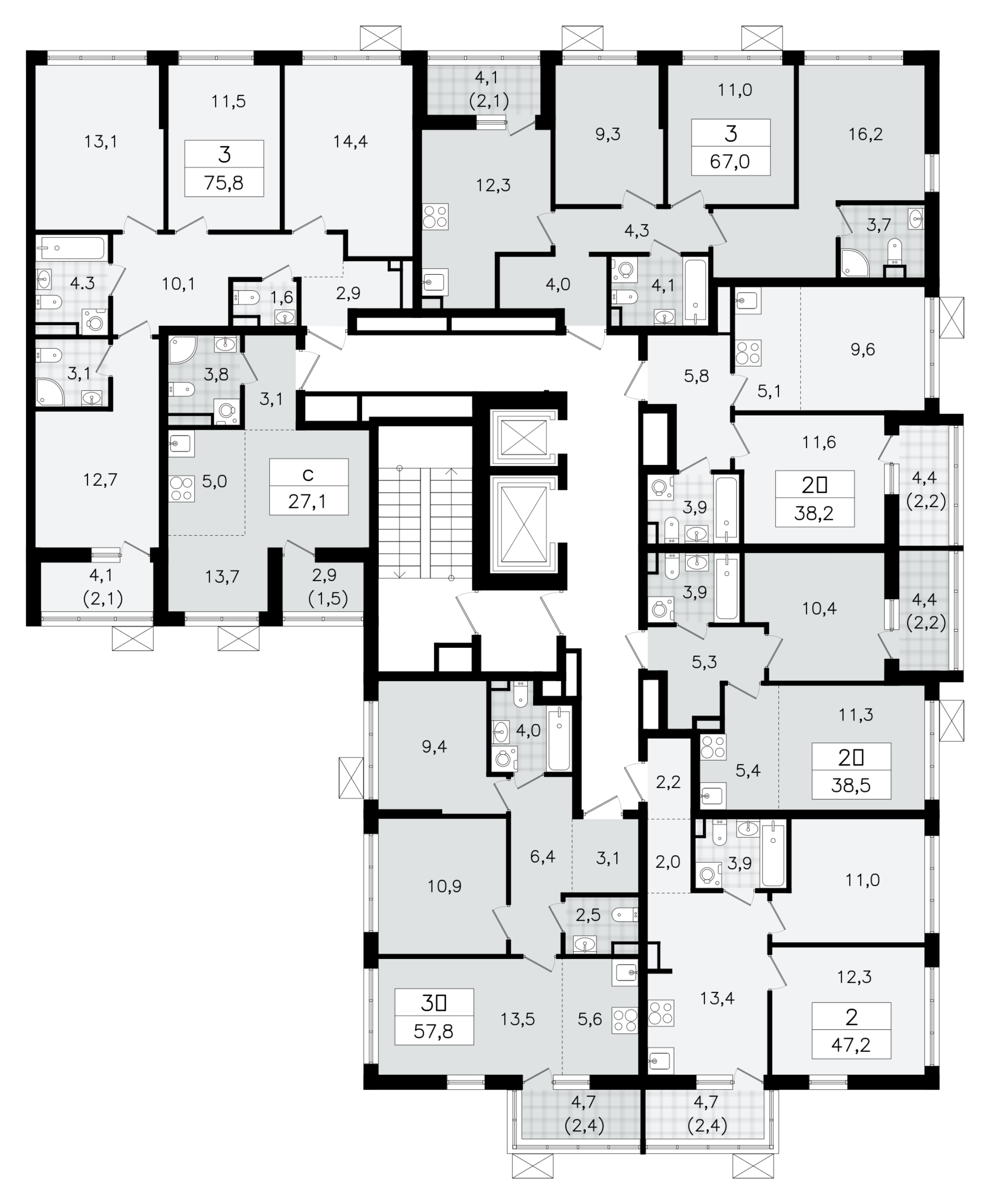 3-комнатная квартира, 66.7 м² - планировка этажа