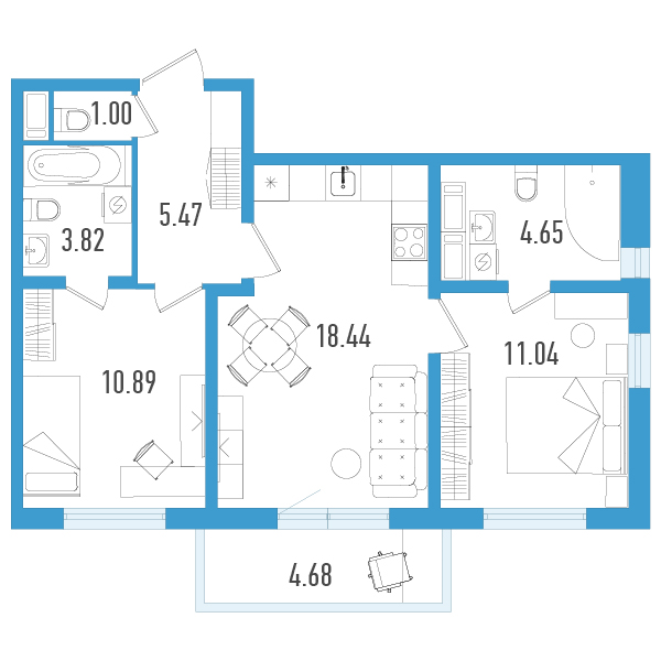 3-комнатная (Евро) квартира, 56.71 м² - планировка, фото №1