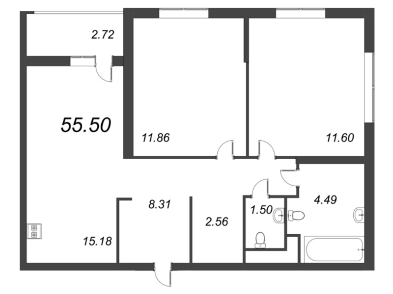 3-комнатная (Евро) квартира, 58.22 м² - планировка, фото №1