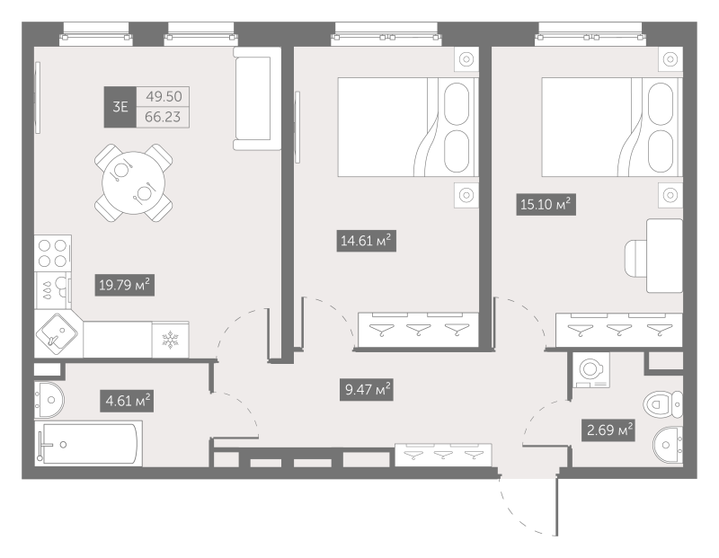 3-комнатная (Евро) квартира, 67.1 м² в ЖК "Зум на Неве" - планировка, фото №1