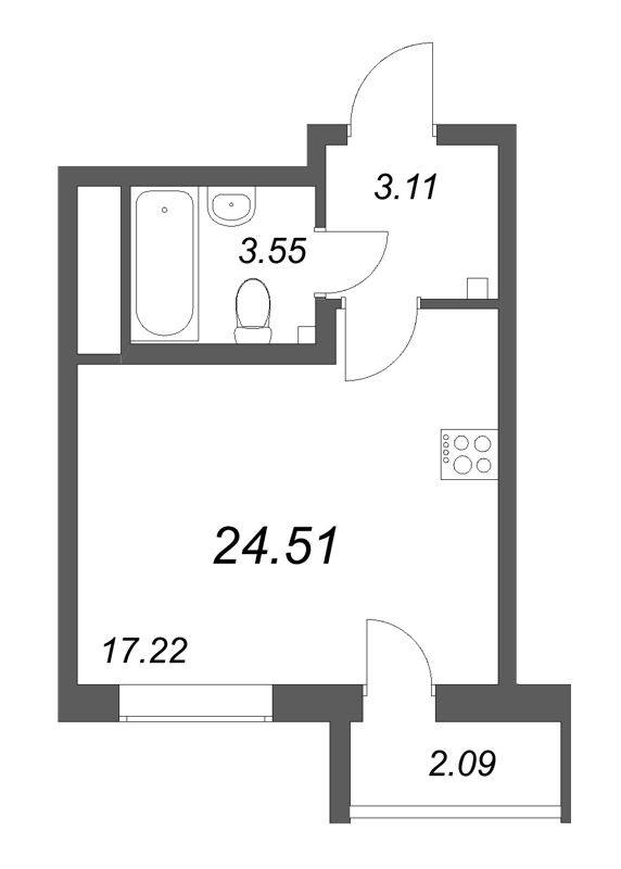 Квартира-студия, 24.51 м² - планировка, фото №1