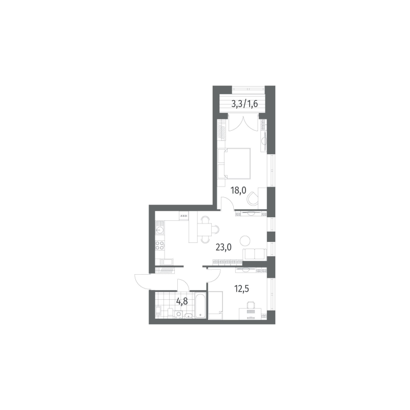 3-комнатная (Евро) квартира, 64.8 м² в ЖК "Наука" - планировка, фото №1