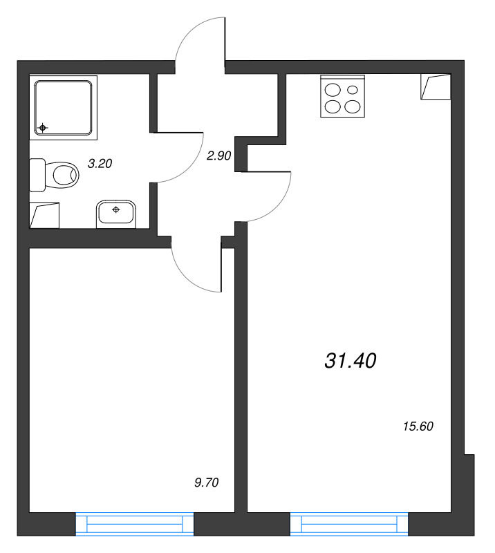 1-комнатная квартира, 31.4 м² в ЖК "Ручьи" - планировка, фото №1