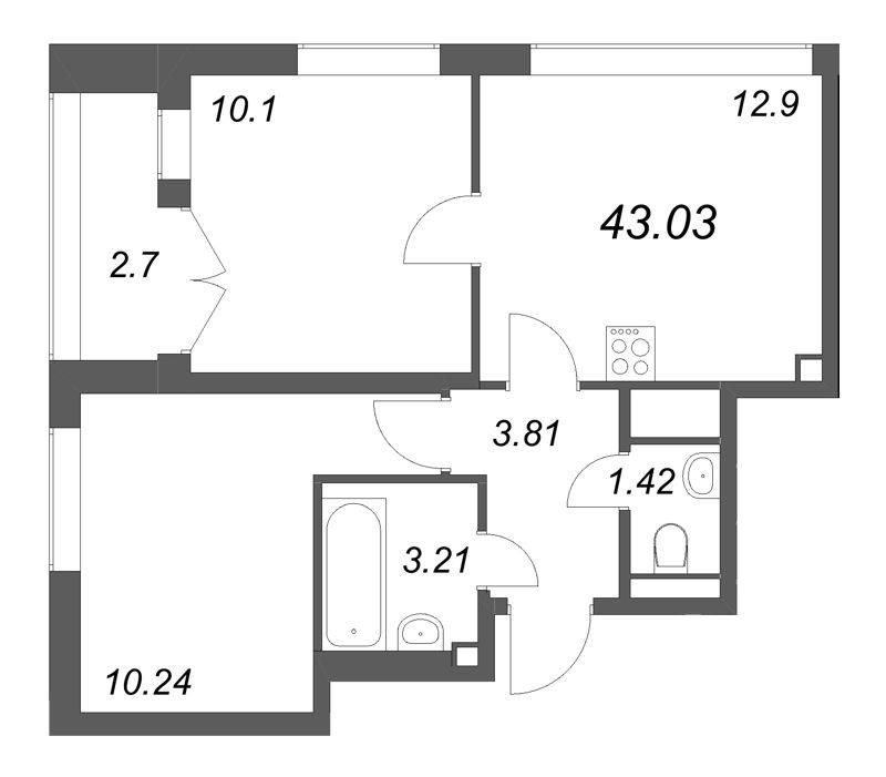 2-комнатная квартира, 43.03 м² в ЖК "Цивилизация на неве" - планировка, фото №1
