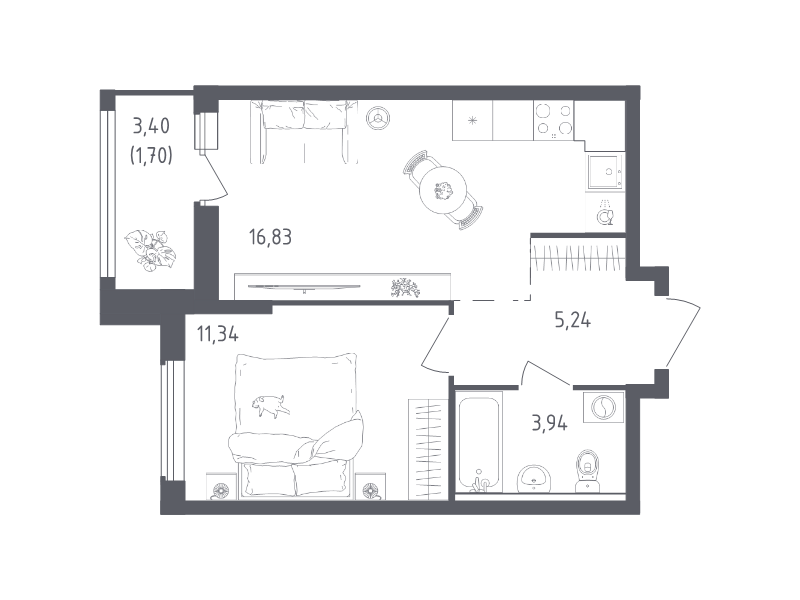 2-комнатная (Евро) квартира, 39.05 м² в ЖК "Южная Нева" - планировка, фото №1