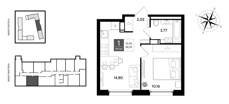 1-комнатная квартира, 30.76 м² в ЖК "Догма Юкки 2" - планировка, фото №1