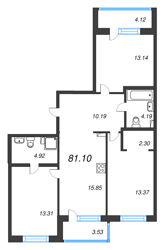 4-комнатная (Евро) квартира, 81.1 м² в ЖК "Энфилд" - планировка, фото №1