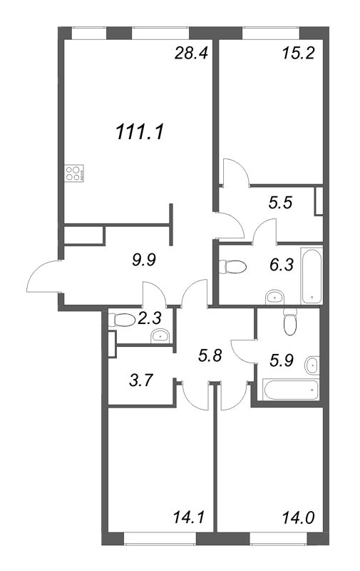 4-комнатная (Евро) квартира, 111.1 м² в ЖК "Визионер" - планировка, фото №1