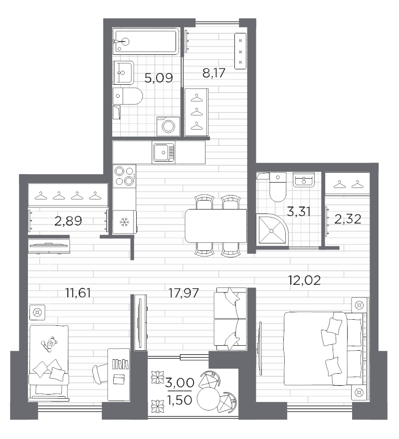 3-комнатная (Евро) квартира, 61.51 м² в ЖК "Сезоны" - планировка, фото №1