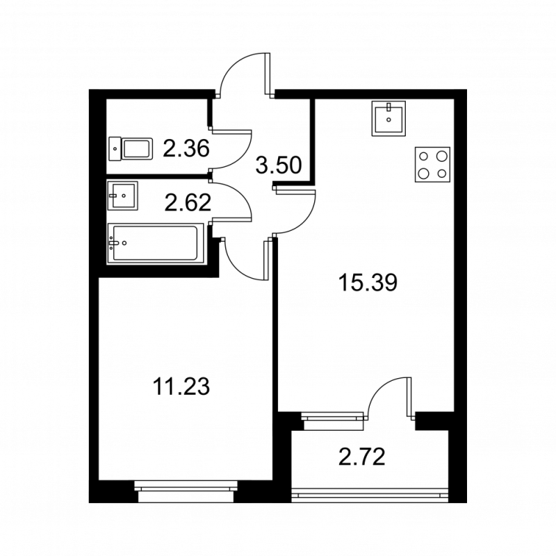 2-комнатная (Евро) квартира, 36.46 м² в ЖК "Квартал Заречье" - планировка, фото №1