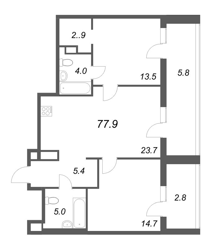 2-комнатная квартира, 77.9 м² в ЖК "Моисеенко 10" - планировка, фото №1