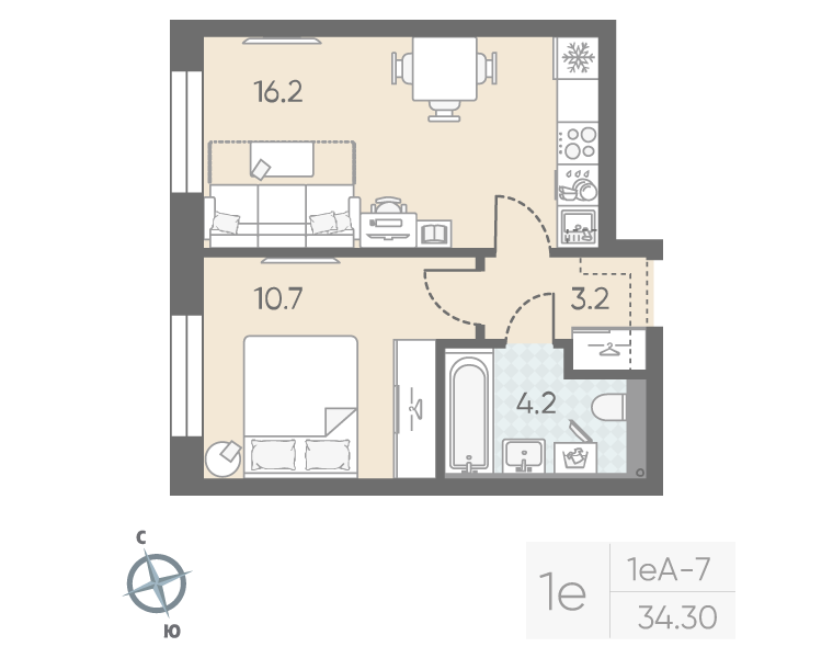 2-комнатная (Евро) квартира, 34.3 м² в ЖК "Большая Охта" - планировка, фото №1