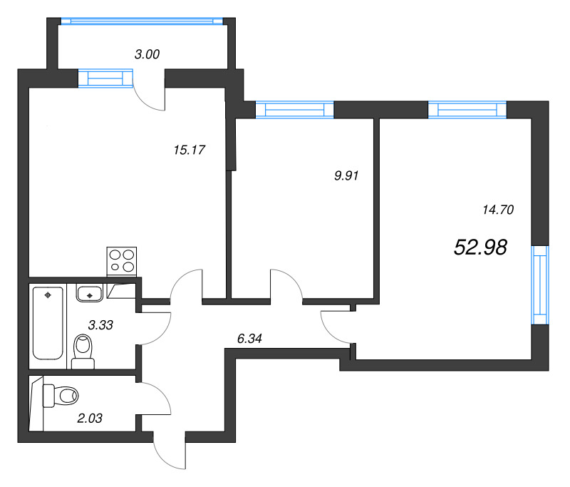 3-комнатная (Евро) квартира, 52.98 м² - планировка, фото №1