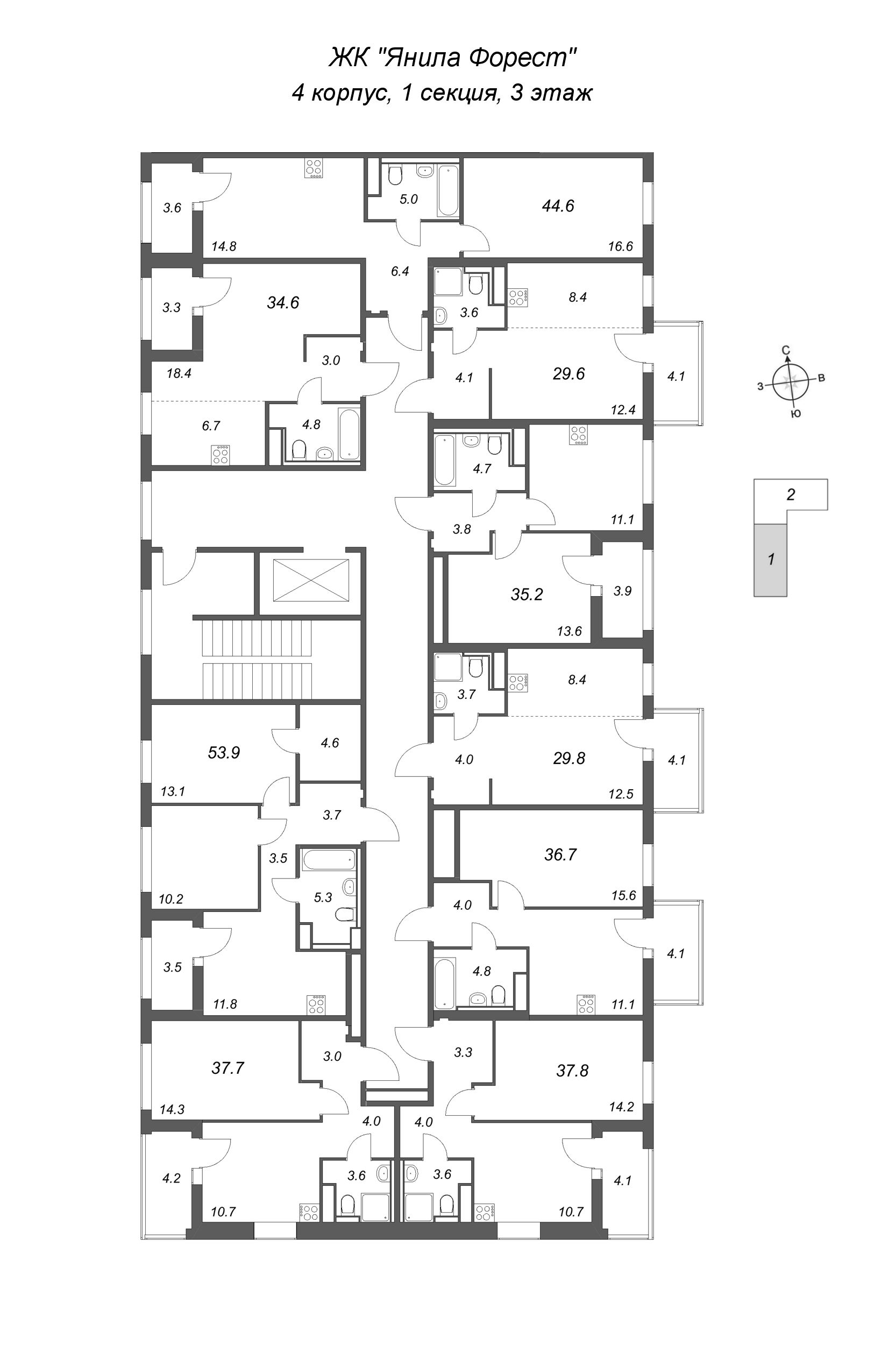 2-комнатная квартира, 53.9 м² в ЖК "Янила Форест" - планировка этажа