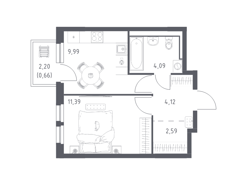 1-комнатная квартира, 32.84 м² в ЖК "Невская Долина" - планировка, фото №1