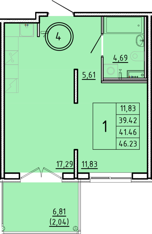 2-комнатная (Евро) квартира, 39.42 м² в ЖК "Образцовый квартал 16" - планировка, фото №1