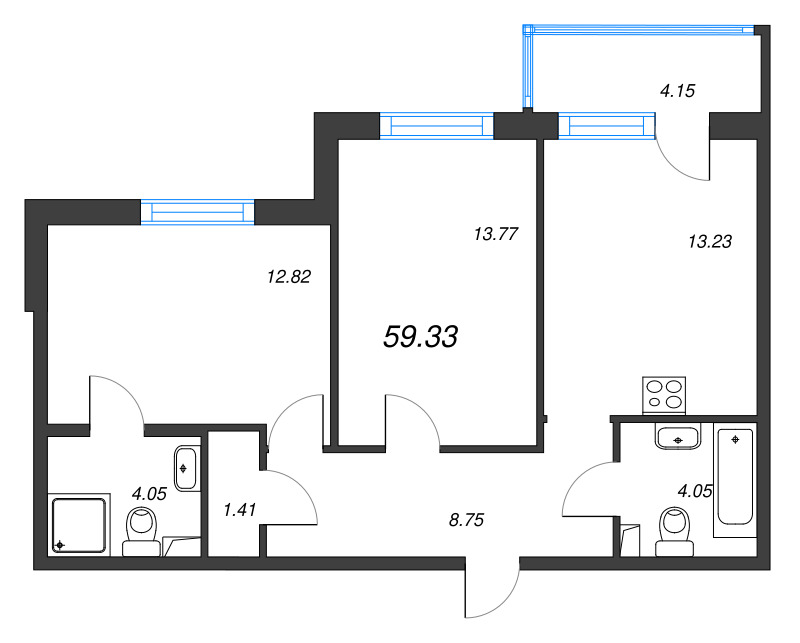 2-комнатная квартира, 59.33 м² в ЖК "Энфилд" - планировка, фото №1