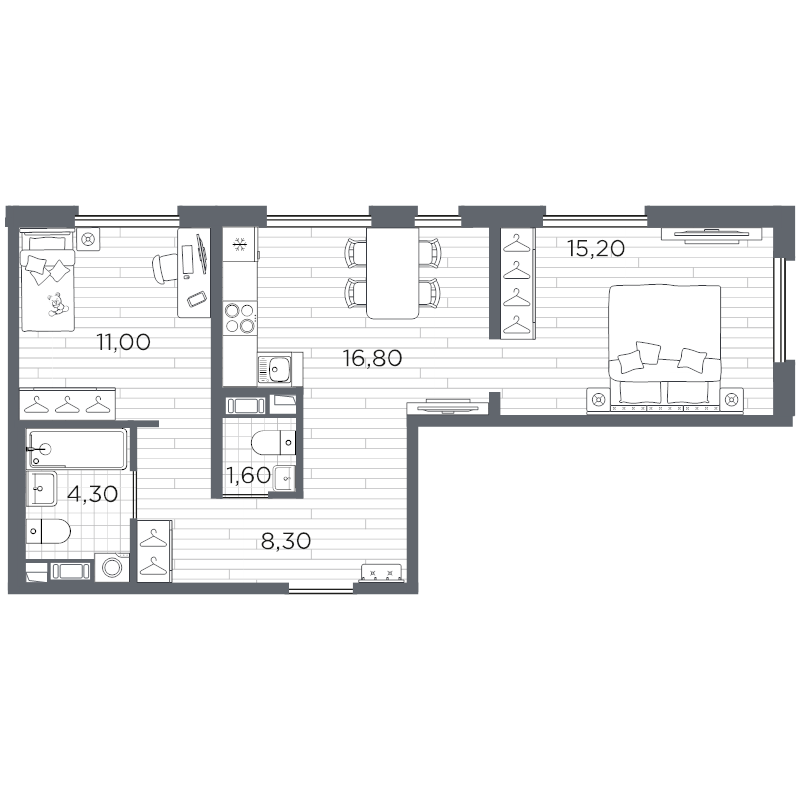 3-комнатная (Евро) квартира, 58.2 м² в ЖК "Плюс Пулковский" - планировка, фото №1