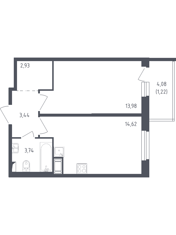 1-комнатная квартира, 39.93 м² - планировка, фото №1