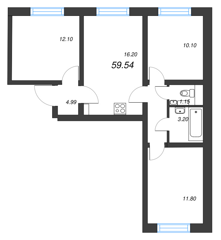 4-комнатная (Евро) квартира, 59.54 м² в ЖК "Ручьи" - планировка, фото №1