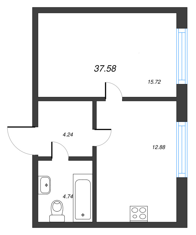1-комнатная квартира, 37.58 м² - планировка, фото №1