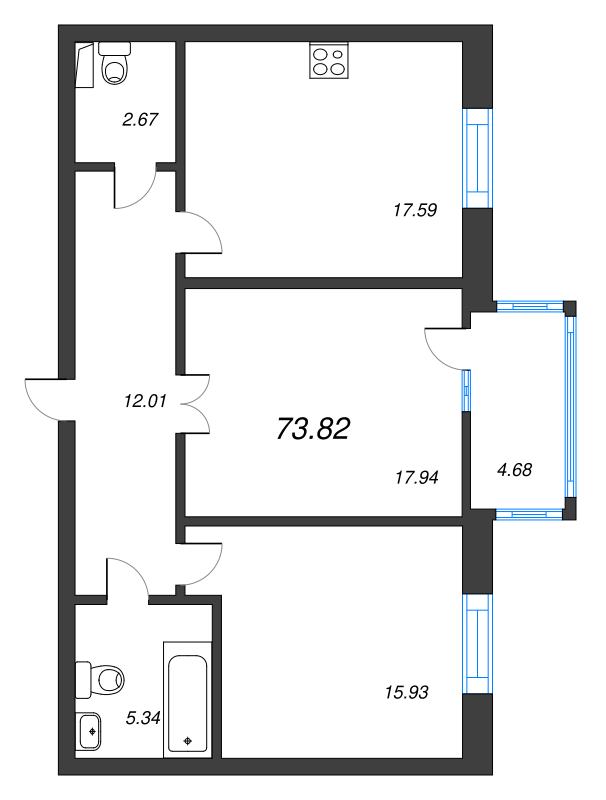 3-комнатная (Евро) квартира, 74 м² в ЖК "Neva Haus" - планировка, фото №1