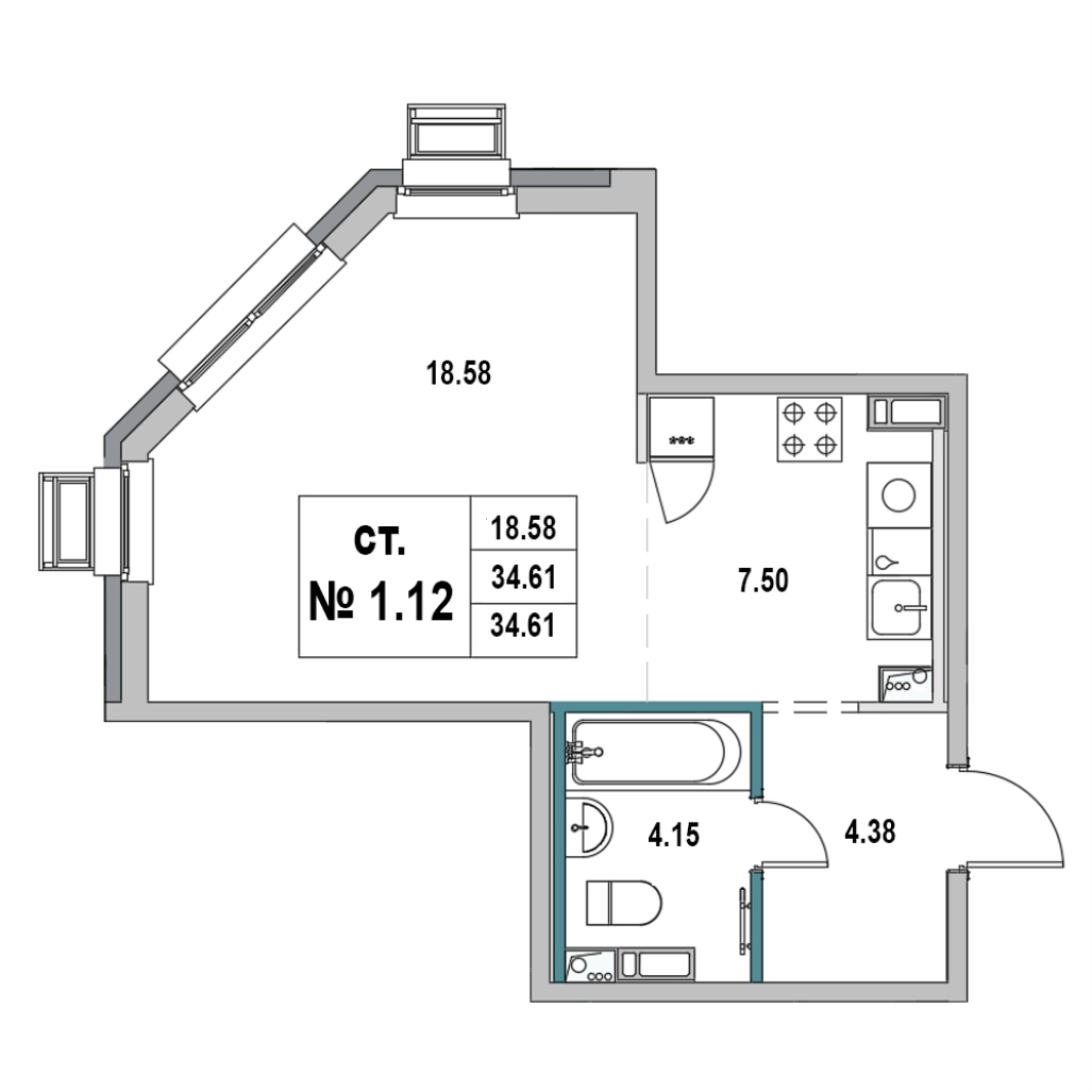 Квартира-студия, 34.61 м² в ЖК "Новый Город" - планировка, фото №1