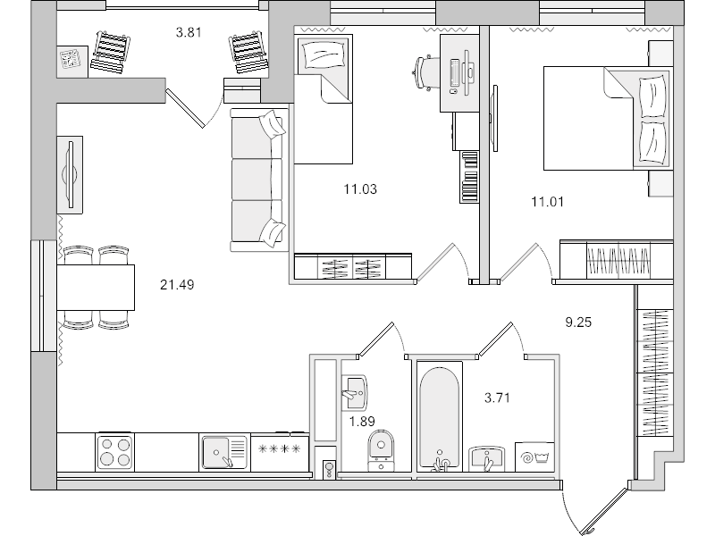 3-комнатная (Евро) квартира, 62.19 м² в ЖК "Город Первых" - планировка, фото №1