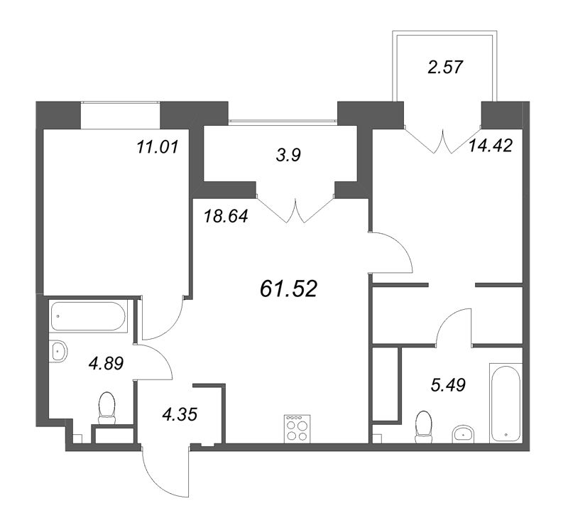 3-комнатная (Евро) квартира, 61.52 м² в ЖК "Ranta Residence" - планировка, фото №1