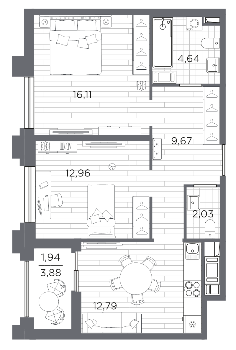 2-комнатная квартира, 60.14 м² в ЖК "Ассамблея" - планировка, фото №1