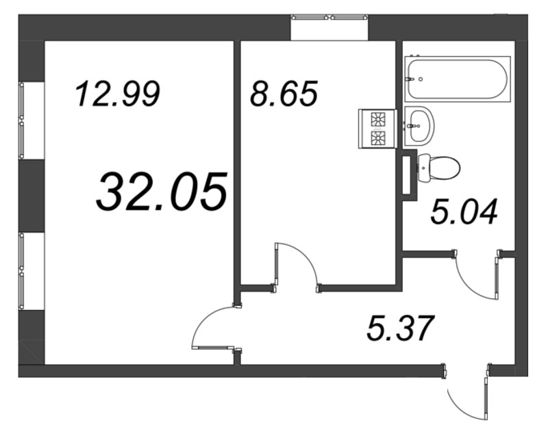 1-комнатная квартира, 32.05 м² - планировка, фото №1