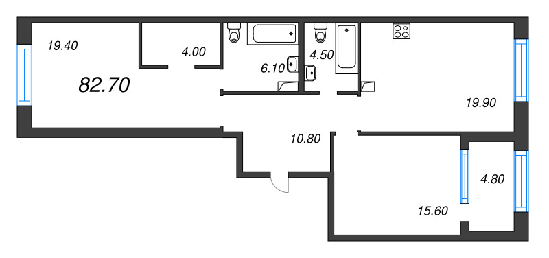 3-комнатная (Евро) квартира, 82.7 м² - планировка, фото №1