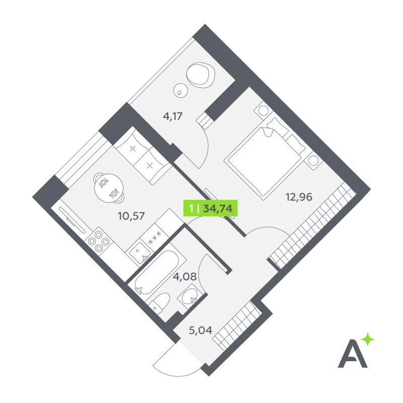 1-комнатная квартира, 34.74 м² в ЖК "Аквилон РекаПарк" - планировка, фото №1