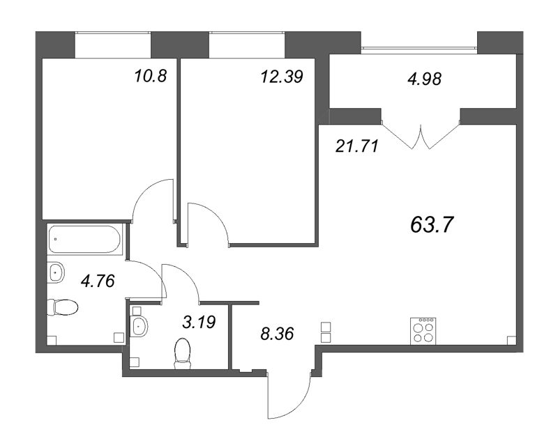 3-комнатная (Евро) квартира, 63.7 м² - планировка, фото №1