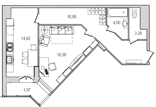 1-комнатная квартира, 61.2 м² в ЖК "Шекспир" - планировка, фото №1