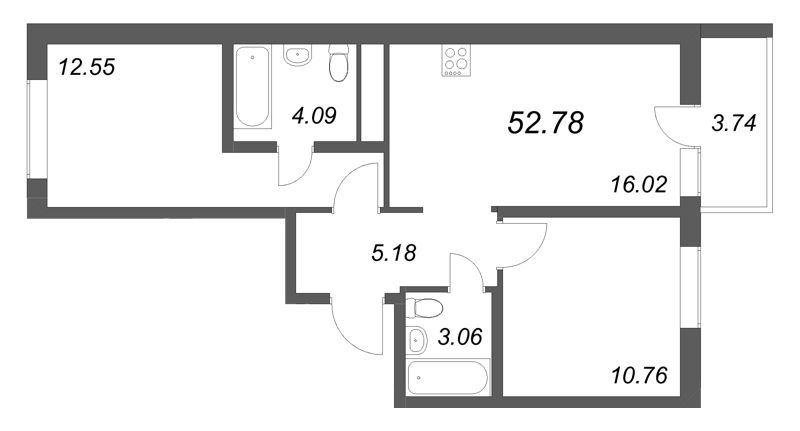 3-комнатная (Евро) квартира, 52.78 м² в ЖК "Аэросити Лайф" - планировка, фото №1