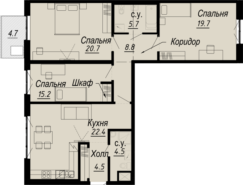 4-комнатная (Евро) квартира, 105.69 м² - планировка, фото №1