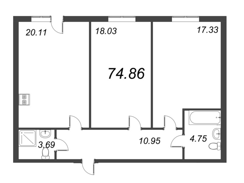 3-комнатная (Евро) квартира, 74.86 м² - планировка, фото №1