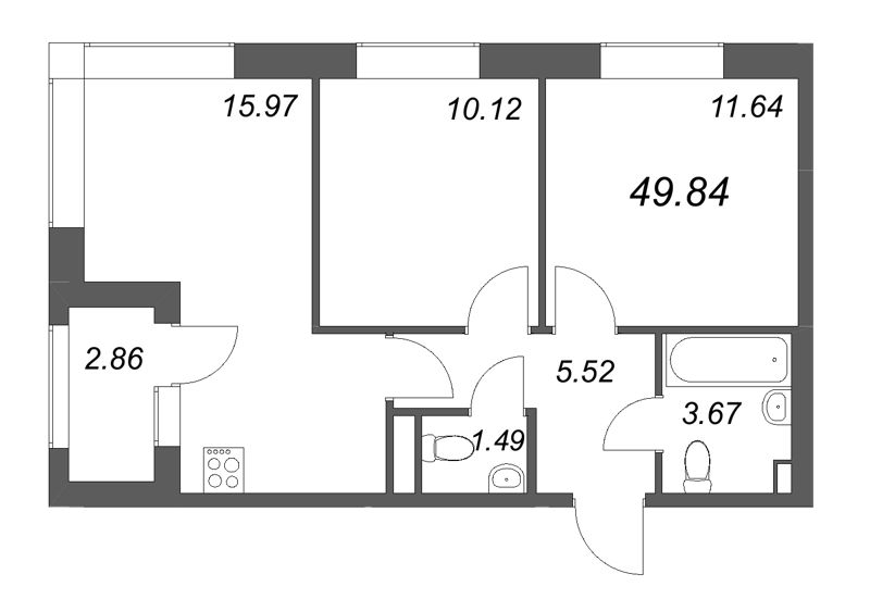 3-комнатная (Евро) квартира, 49.84 м² в ЖК "Гранат" - планировка, фото №1