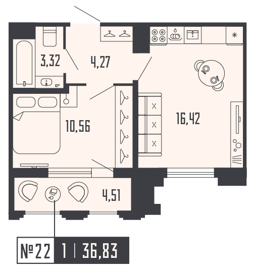 2-комнатная (Евро) квартира, 36.83 м² - планировка, фото №1