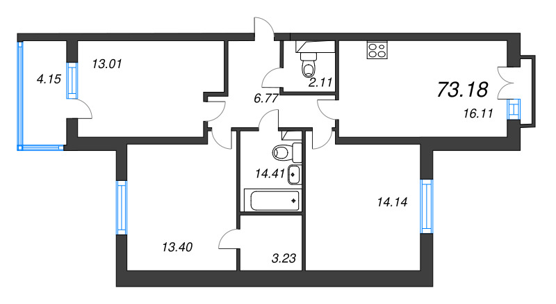 4-комнатная (Евро) квартира, 73.18 м² в ЖК "Любоград" - планировка, фото №1