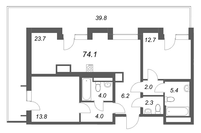 3-комнатная (Евро) квартира, 74.1 м² в ЖК "Коллекционер" - планировка, фото №1