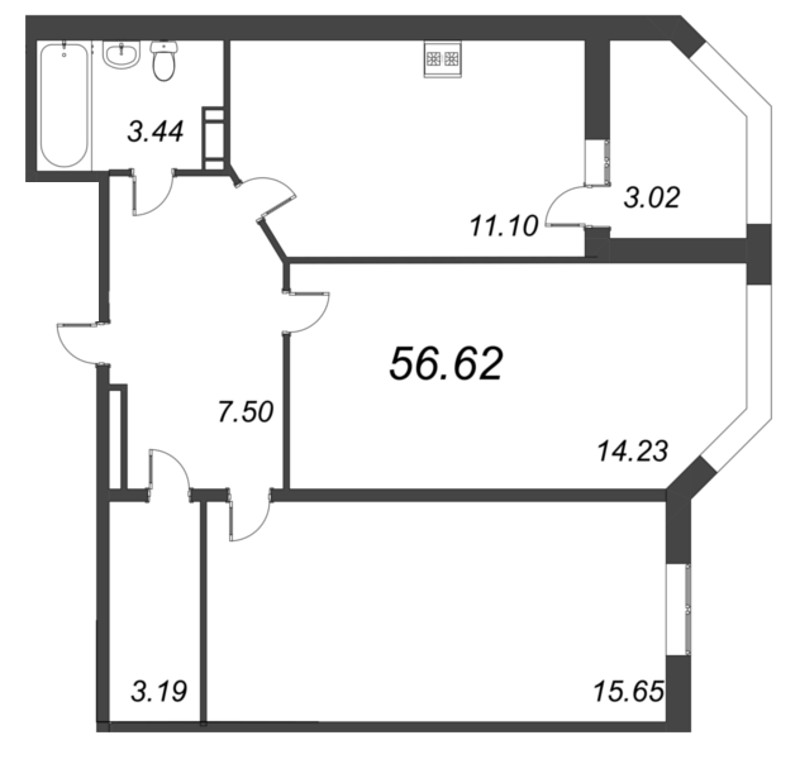 2-комнатная квартира, 56.62 м² в ЖК "Капральский" - планировка, фото №1