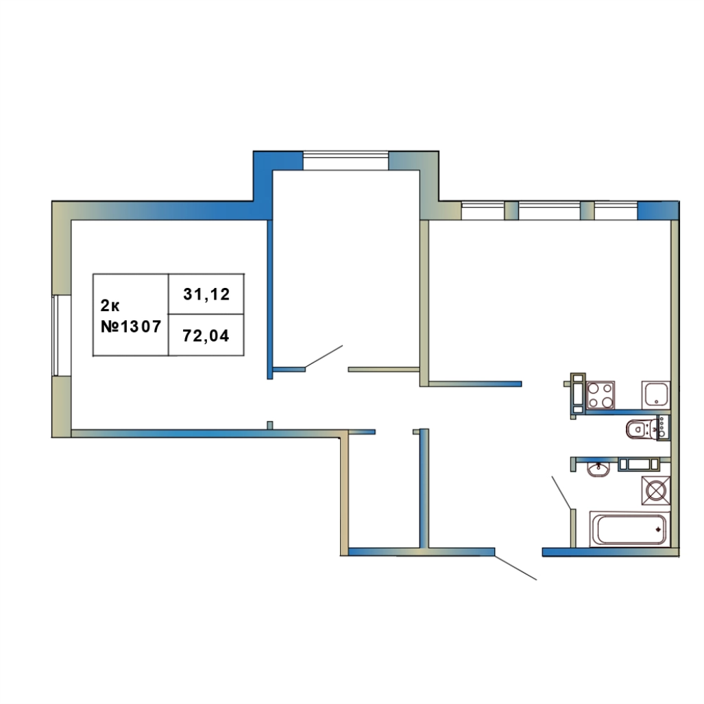 2-комнатная квартира, 72.04 м² - планировка, фото №1