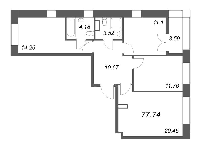4-комнатная (Евро) квартира, 77.74 м² в ЖК "NewПитер 2.0" - планировка, фото №1