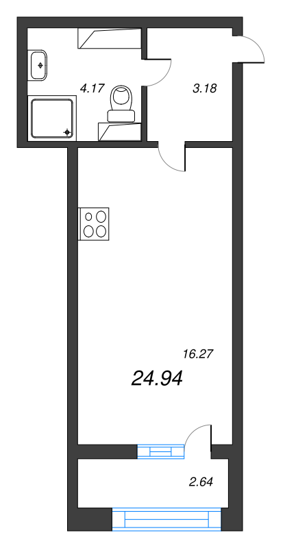 Квартира-студия, 24.94 м² в ЖК "БелАрт" - планировка, фото №1