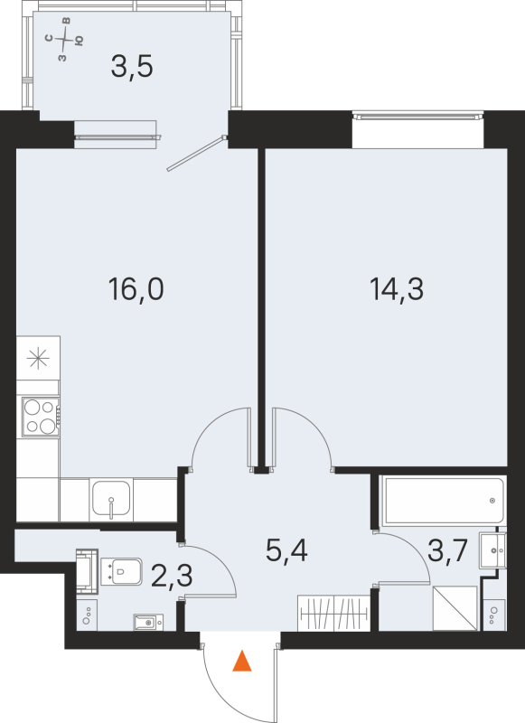 2-комнатная (Евро) квартира, 41.7 м² в ЖК "М36" - планировка, фото №1
